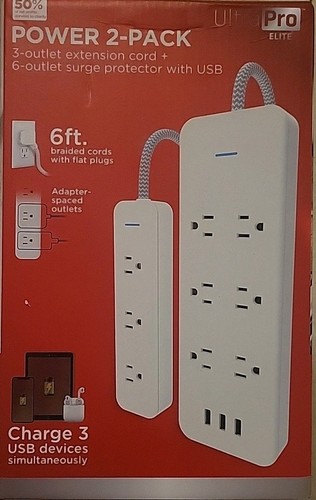 Ultra Pro Elite Power 2 Pack 3 Outlet Extension Cord + 6 Outlet Surge Protector - Picture 1 of 4