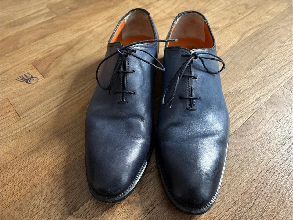 Sapatos masculinos santoni couro azul tamanho 8 feito na Itália cadarços vestido preppy - Imagem 2 de 4