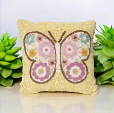 Handmade Seedbeaded Butterfly Decorative Accent Pillow Yellow W/ Pink &...