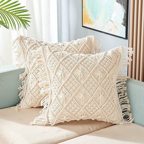 Cotton Macrame Cushion Cover 16 x 16 inch Off-White with Back Zipper, 1 Pcs - Afbeelding 1 van 5