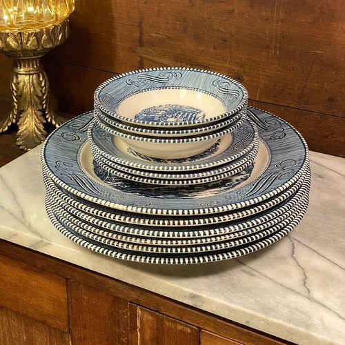 Royal China Currier and Ives 12pc Plate & Bowl Blue & White Dinnerware Set - Picture 2 of 24