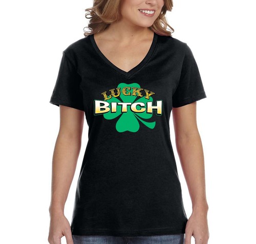Womens Lucky Bitch Shamrock Irish Clover St. Patrick's Day V-Neck T-Shirt - Picture 1 of 6