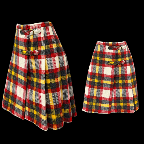 Vintage 1960s Wool Red, Grey, and Yellow Plaid Mini Skirt with Buckle Detailing - Picture 1 of 6