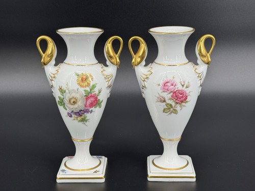 Pair of Kaiser West Germany Porcelain Floral Vases w/ Swan Handles - Picture 6 of 13