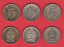Sri Lanka 3x5 Rupees 1984, 2002 (Almost UNC), 2013 UNC Copper/Nickel