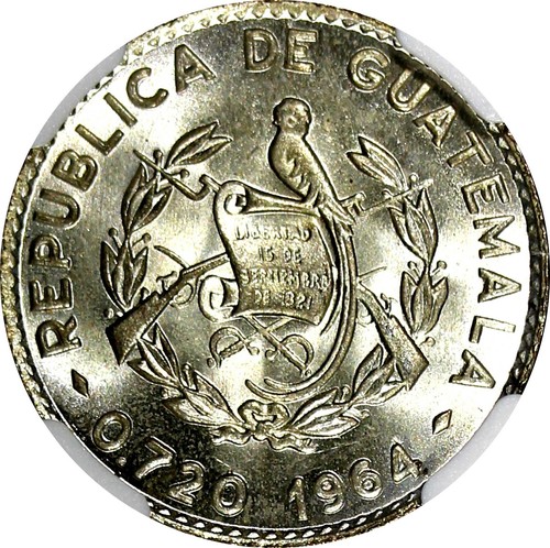 GUATEMALA Silver 1964 10 Centavos NGC MS66 GEM BU LUSTER KEY DATE KM# 262 (024) - Picture 5 of 5