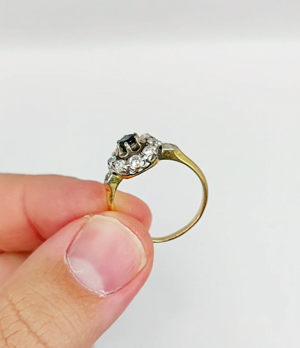 Anillo de margarita antiguo de oro de 18k zafiro y diamante talla antigua (al... - Vídeo 1 de 1
