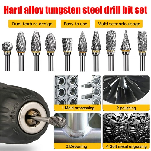 Juego de rebabas rotativas de carburo de tungsteno de 10 piezas cabezal 1/4"" vástago troquel broca amoladora EE. UU. - Imagen 3 de 14