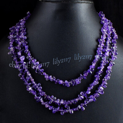 3 Rows Natural Purple Amethyst Chip Irregular Gemstone Beads Necklace 17-19 inch