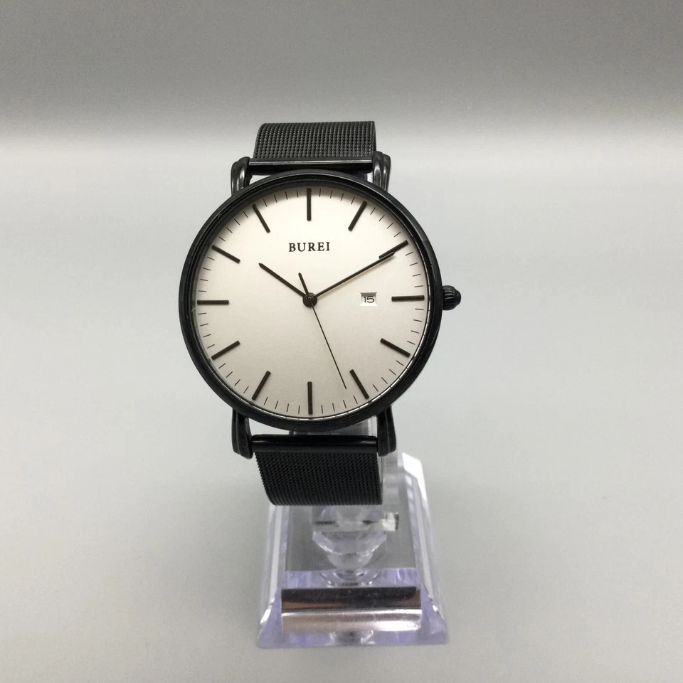 Relógio Burei Masculino 41mm Preto Tom Prata Mostrador Data Preto Aj Malha Pulseira Nova Bateria - Imagem 2 de 4