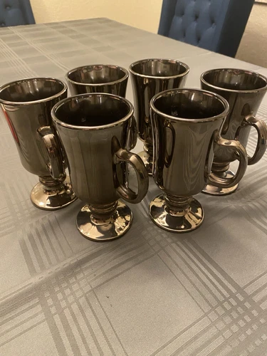 Vintage Irish Coffee Mugs Metallic Glass Pedestal Ringed Set of 6