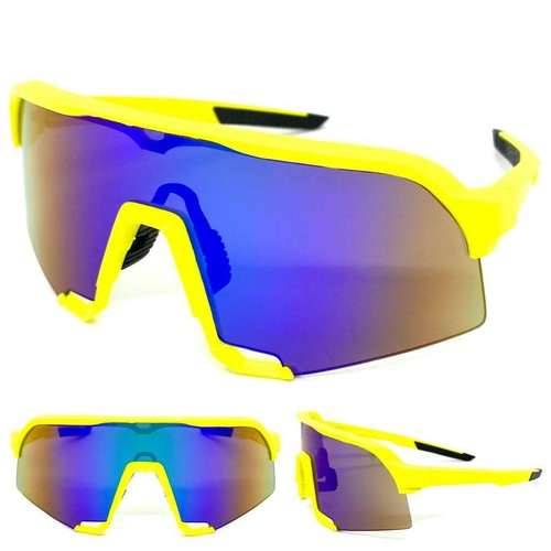 Oversized 90's RETRO SPORTY WRAP AROUND Style SUN GLASSES Yellow Frame Blue Lens - Picture 1 of 6