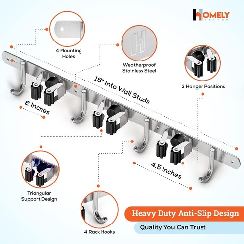 Wischmopp Besen Halter Wandhalterung 2er Pack Schwerlast Edelstahl Organizer Rutschfest - Bild 3 von 10