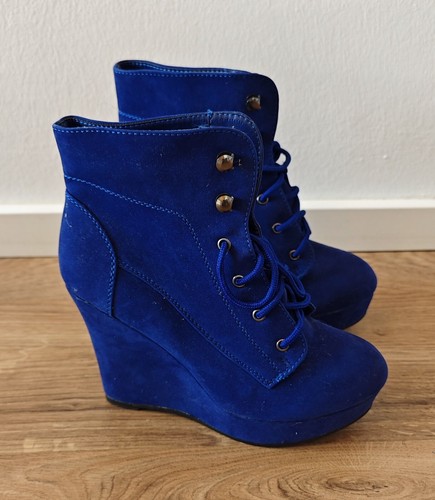 Trendy Damen Stiefeletten Ankle Boots Wedges Keilabsatz Plateau blau Gr. 37 - Bild 3 von 5