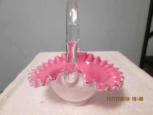 Milk Glass and Pink Silvercrest Ruffled Basket 8" Tall - Picture 4 of 4