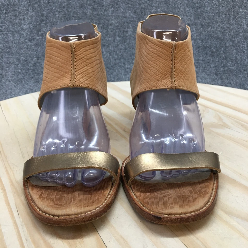 Ankle Strap Wedge Sandals Womens 38 Metallic Gold Brown Leather Casual Open Toe - Image 4 of 4