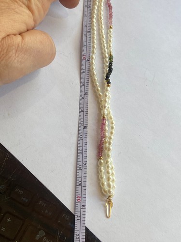 Gran Perla de Agua Dulce, Turmalina, Pulsera 14k - Triple Hebra - Imagen 5 de 9