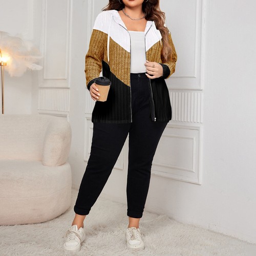 Plus Size Womens Ribbed Colorblock Jacket Coat Long Sleeve Zip Up Cardigan Tops - Picture 13 of 22