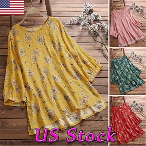 Plus-Size-Women-Boho-Floral-Loose-Top-Blouse-3-4-Sleeve-Cotton-Linen-Tunic-Shirt