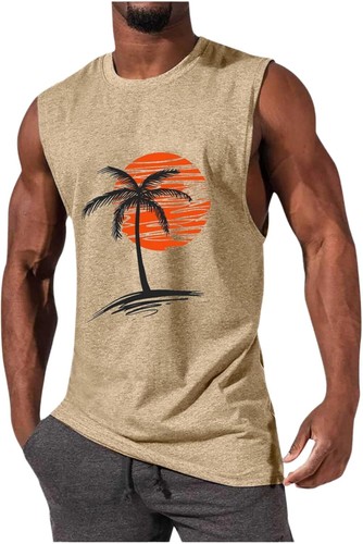 Mens Summer Tank Top Hawaiian Palm Tree Print Sleeveless Muscle Fit Beach Tee - Picture 16 of 35