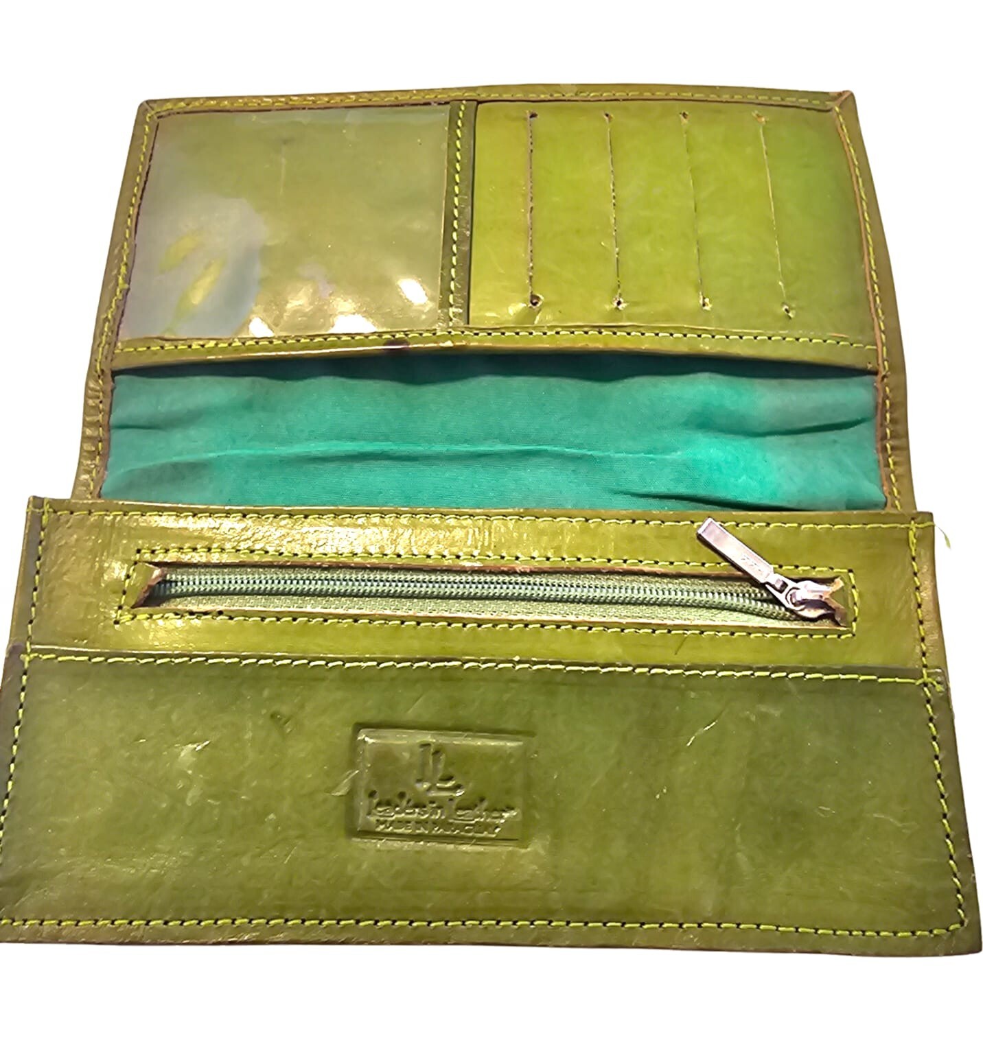 Vintage Hand Carved Green Leather Folded Wallet F… - image 5