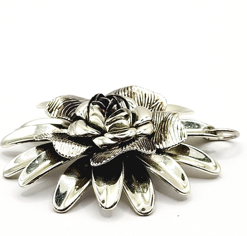 Rose Flower Large Layered Dimensional Silver Tone Vintage 1980s Pendant - Picture 12 of 23