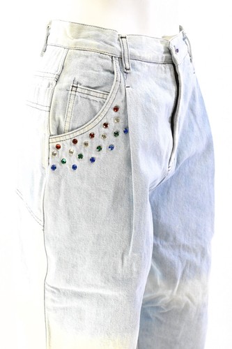 New 80s Vintage Light Bleach Wash Bejeweled Jeans High Waist Tapered Leg Womens - Picture 6 of 9