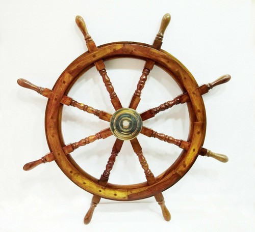 36" Brass Nautical Big Ship Wall Steering Wheel Wooden Antique Teak Pirate Ship - Picture 2 of 5