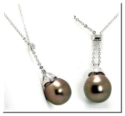 10.5X12MM Gray/Red Tahitian Pearl Diamond Necklace 14K White Gold 16+1" New - Picture 5 of 5