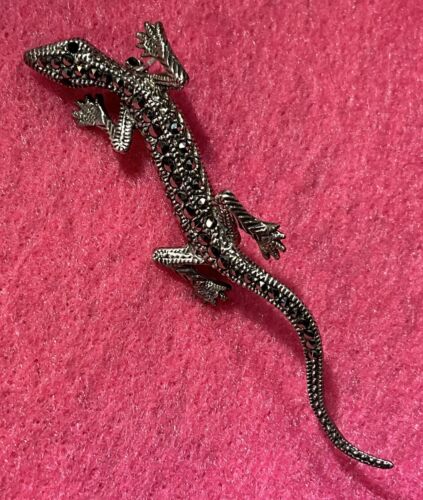 Vintage Gecko signiert 925 Silber & Marcasit Eidechse Brosche Pin schwarze Augen 2,5 Zoll