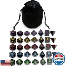 5 Sets New Black Polyhedral Dice with Satin-Lined Velvet Bag for Dungeons and