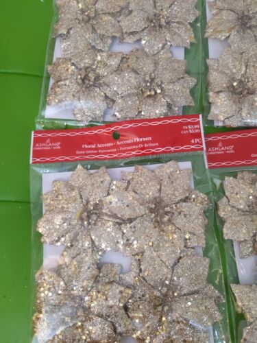 Ashland Christmas Floral Gold Glitter Accent Poinsettias 4 Packs Of (4) - Picture 2 of 4