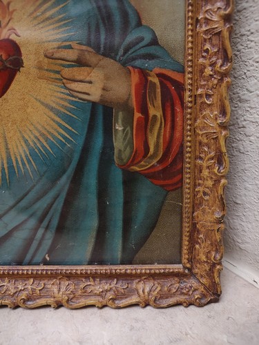 Antique Sacred Heart Of Jesus Picture Wood Ornate Gold Frame 15.5"x11" - Picture 6 of 12
