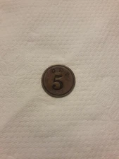 1 Vintage Numismatic G.E.B. #5 Bronze Civil War Hard Times Merchant Coin Token.