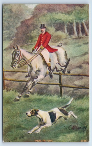Taking Fence - Pferd und Reiter mit Hund Künstler signiert Candangy?  Postkarte - Bild 1 von 2