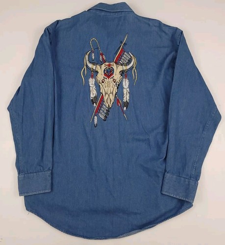 Vintage Crazy Cowboy Denim Blue Jean Steer Skull Embroidered Shirt Western USA 
