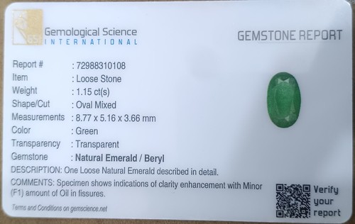 Piedra esmeralda natural verde hierba de 1,15 quilates certificada GSI - Imagen 3 de 6