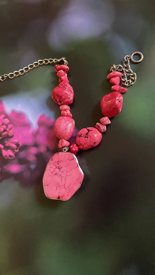 Vintage Chunky Hot Pink Howlite Nugget Statement Handcrafted Choker Necklace 16” - Image 3 of 4