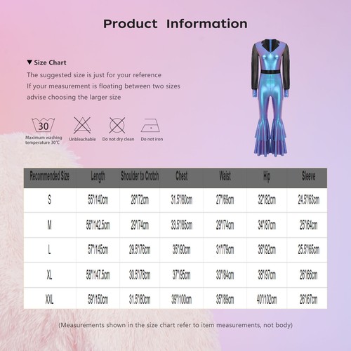 Womens Metallic Shiny Disco Costumes Mesh Long Sleeve Rompers Flared Pants - Bild 9 von 37