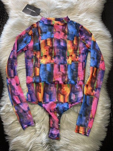 NWT Pretty Little Things Wave Print Mesh Multicolor Bodysuit + Pants Size USA 4 - Imagen 10 de 12