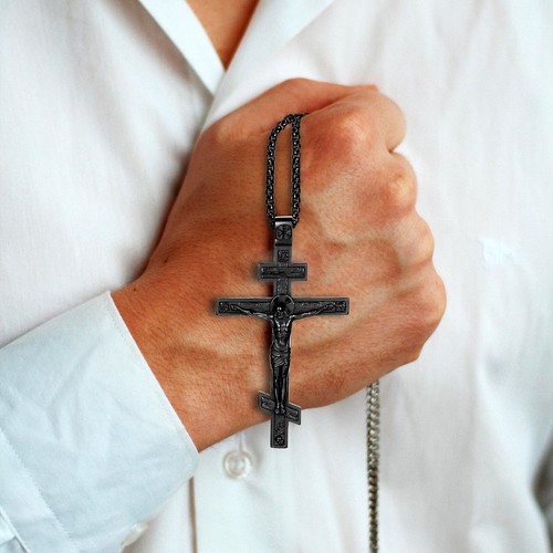 Men's Orthodox Cross Necklace Stainless Steel Religious Jesus Christian Pendant - Picture 4 of 8