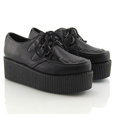 Womens Black Platform Lace Up Ladies Flats Creepers Punk Goth Shoes Size  3-8