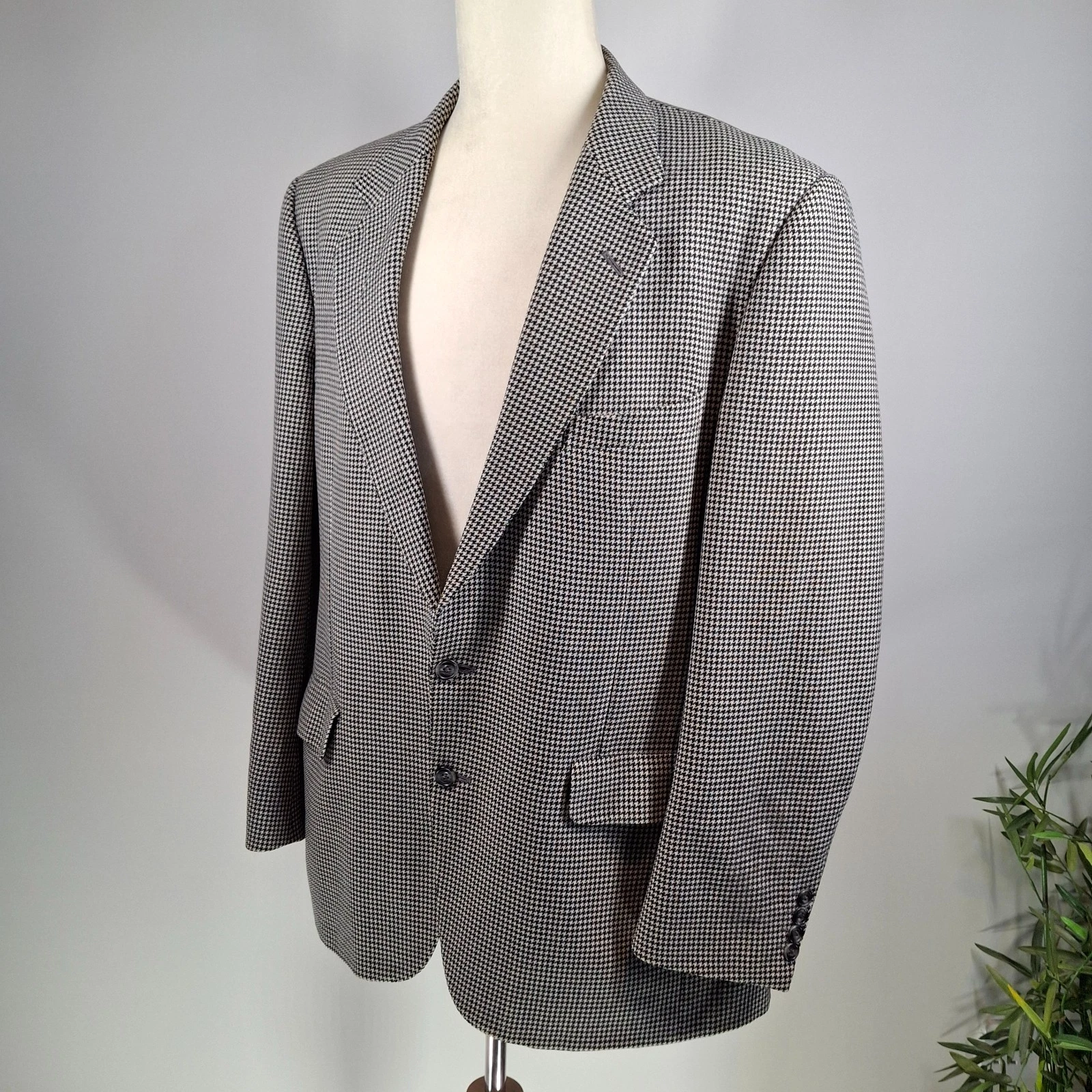 Aquascutum Blazer Mens 44R Wool Houndstooth Check Jacket Vintage Black White