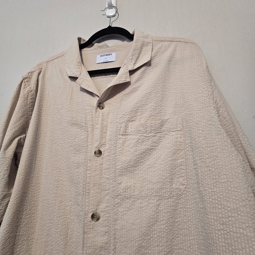 Old Navy Men’s Seersucker Camp Shirt Shacket XL Beige Button Up Summer Loose EUC - Picture 3 of 11