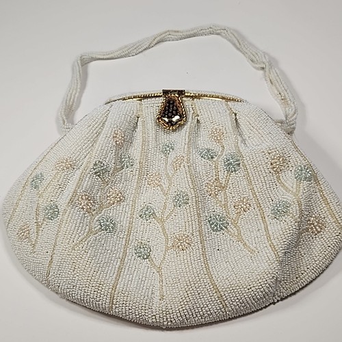Vtg Walborg Petit Point Pink Blue Floral Micro Beaded Vintage Purse Japan *READ