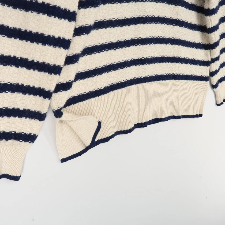 Woolovers Sweater Womens L Cream Navy Blue Striped Crew Neck Knit Wool Blend - Image 3 of 4