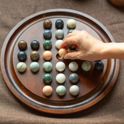 Deluxe Solitaire Game Set: 12.6'' Solid Wooden Board, 32 Natural Marble Balls... - Picture 6 of 6