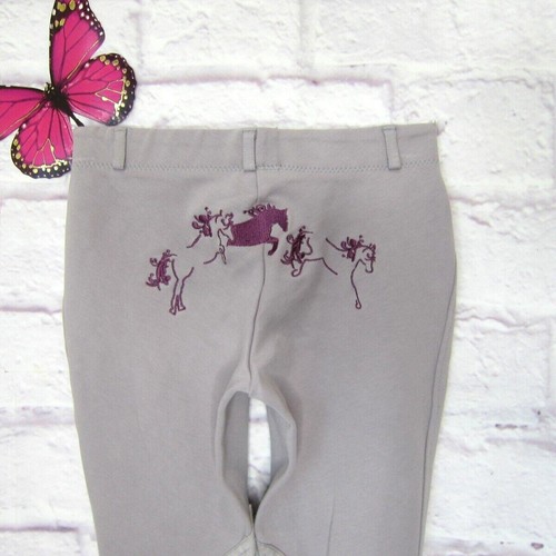 Tuffrider Kids Whimsical Horse Embroidered Pull On Jods Size 12 Lilac Gray - Picture 7 of 10