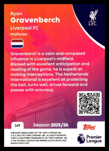 2025-25 Topps Premier League 169 Ryan Gravenberch, Liverpool FC - Picture 2 of 2