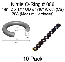 Nitrile O-Ring  006 1/8" ID x 1/4" OD x 1/16" Width 70A Med Hardness- 10 Pack